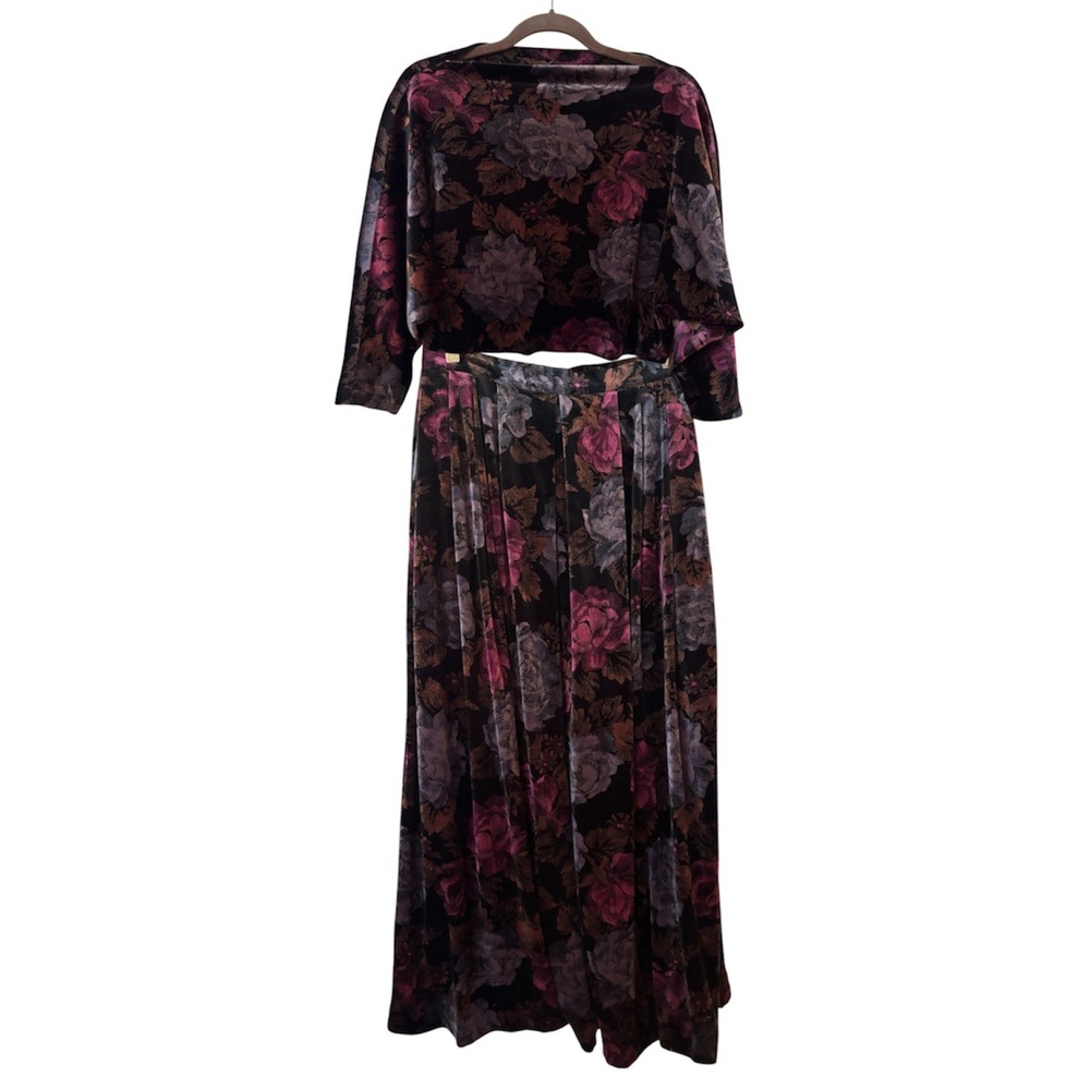 Edie Johne Vintage Floral Velvet 2 Piece Set Crop Batwing Top Maxi Skirt Size 12